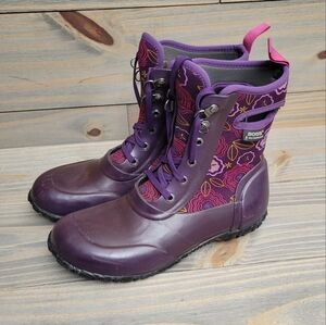 Bogs Rain Boots Youth 6 Sidney Lace Up Mid Calf Plaid Waterproof 72004 Black Red